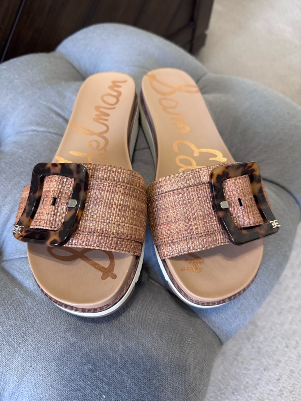 Sam Edelman Woven Tan Slide Sandals with Tortoiseshell Buckle
